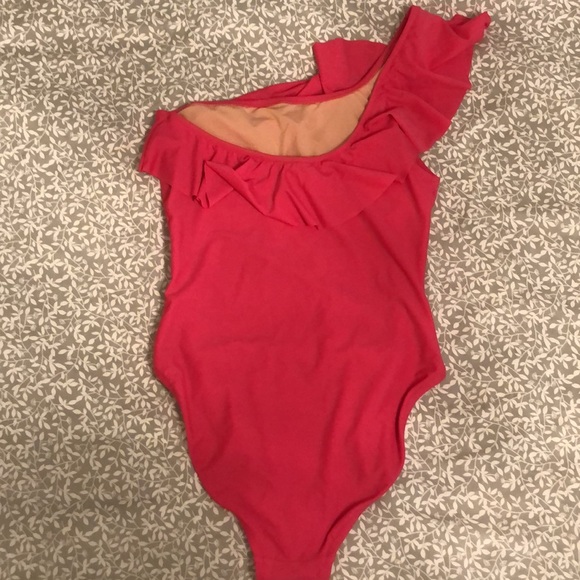 J Crew Pink Ruffle One Shoulder swimsuit, NWT Sz. L. Very cute. Timeless! - Picture 3 of 5